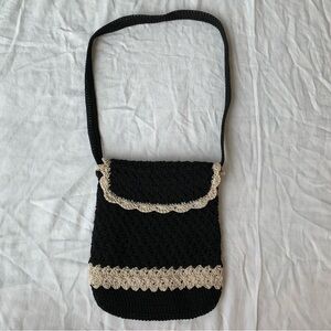 Black & Cream Woven Crochet Boho Shoulder Bag